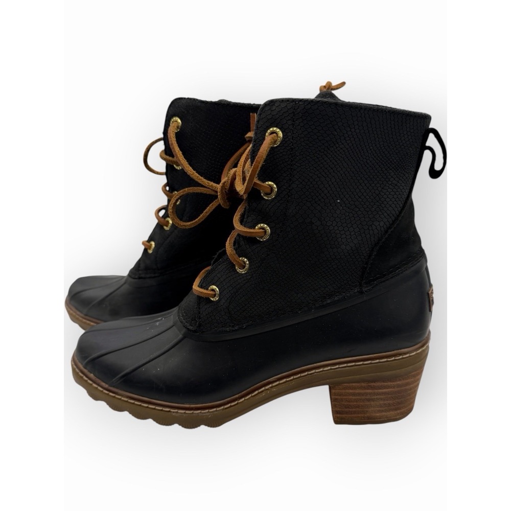 Sperry Top-Sider Black Lace-Up Ankle Rain Boots Round Toe Snake Combat Duck